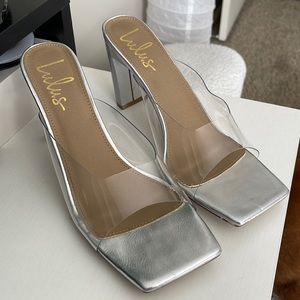 Lulus Silver Metallic Square Toe Heel Sandals